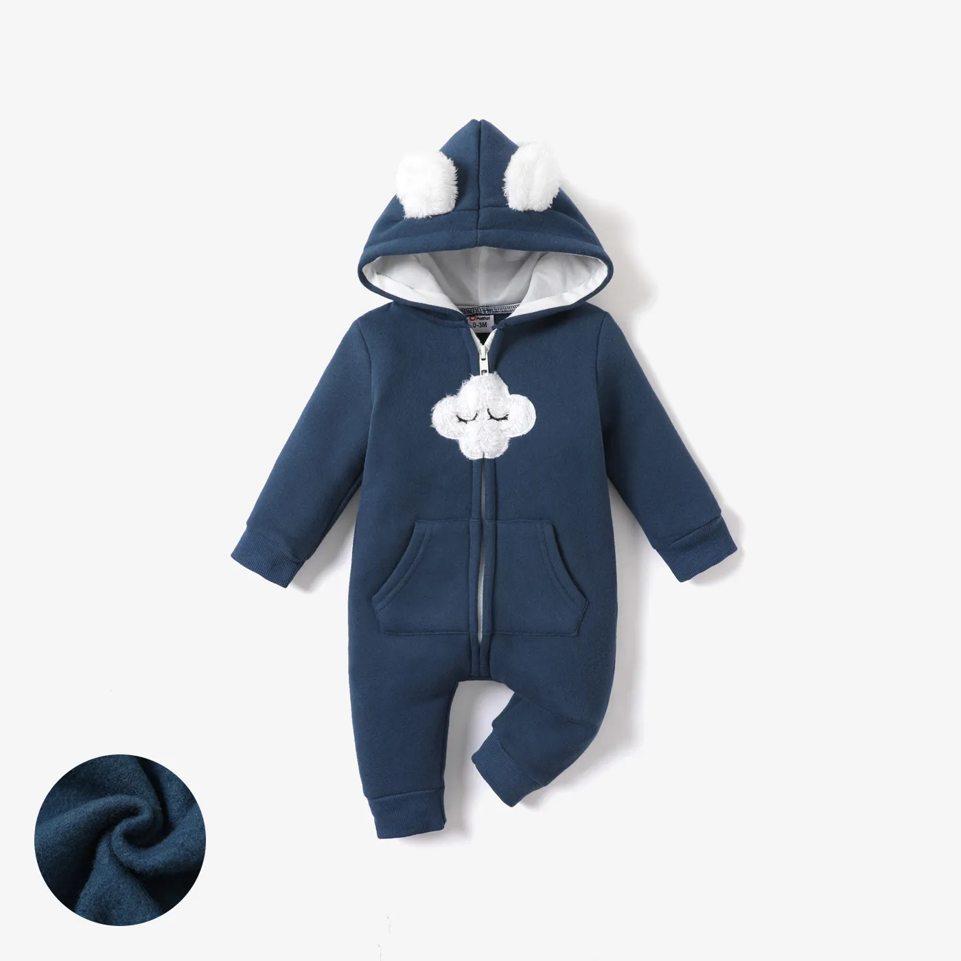 Baby Boy/Girl Cloud Design Thermal Fleece Lined Hooded Zipper Jumpsuit Royal Blue