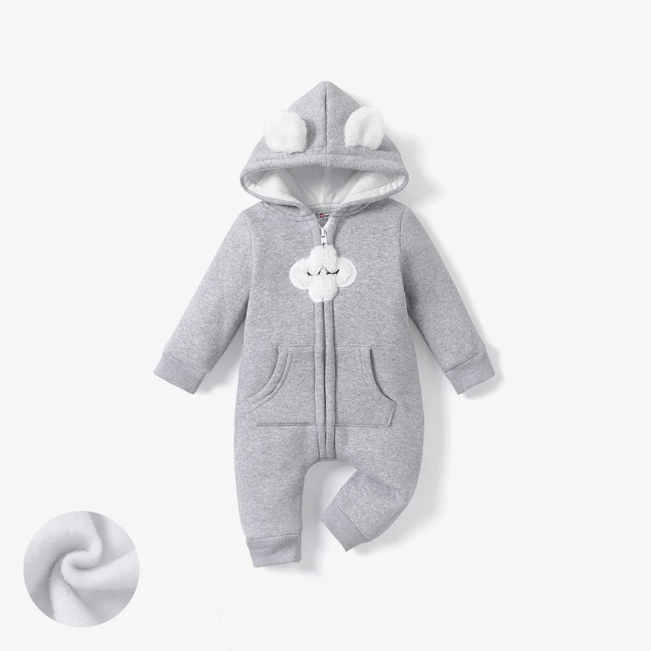 Baby Boy/Girl Cloud Design Thermal Fleece Lined Hooded Zipper Jumpsuit  big image 1