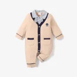 100% Cotton Plaid Lapel Bowtie Long-sleeve Faux-two Baby Jumpsuit Khaki