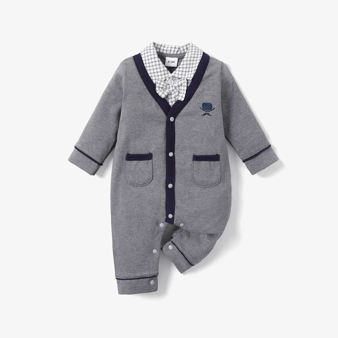 100% Cotton Plaid Lapel Bowtie Long-sleeve Faux-two Baby Jumpsuit Dark Grey big image 1
