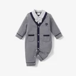 100% Cotton Plaid Lapel Bowtie Long-sleeve Faux-two Baby Jumpsuit Dark Grey