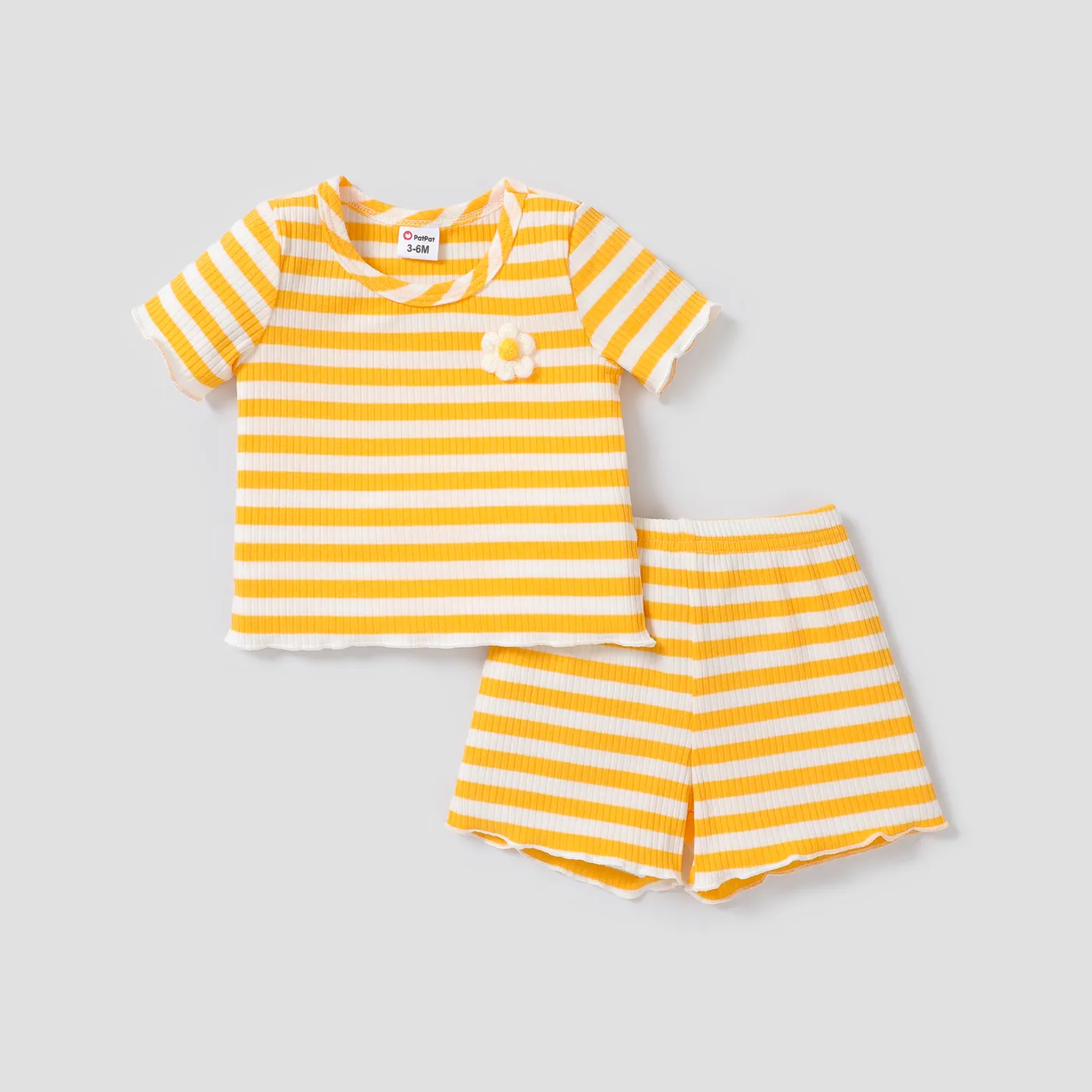 2pcs Baby Girl 3D Flower Design Striped Ribbed Short-sleeve Top and Shorts Set Yellow big image 1