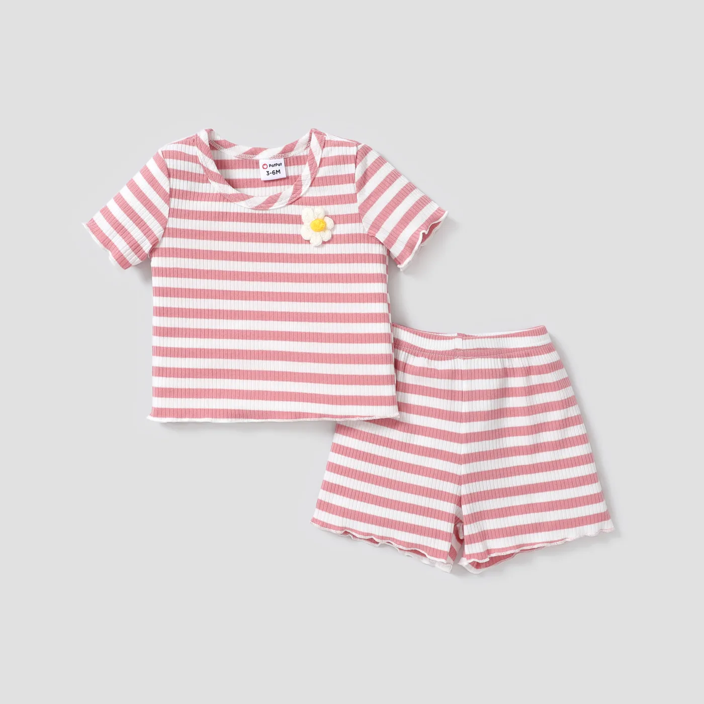 2pcs Baby Girl 3D Flower Design Striped Ribbed Short-sleeve Top and Shorts Set Pink