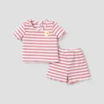 2pcs Baby Girl 3D Flower Design Striped Ribbed Short-sleeve Top and Shorts Set Pink