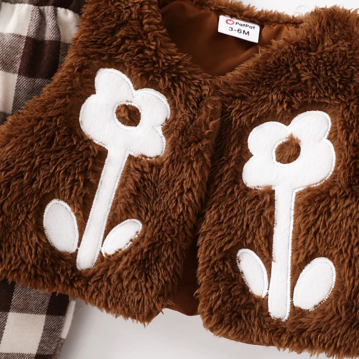 3pcs Baby Girl Sweet Flutter Sleeve Jumpsuit with Fuzzy Vest and Headband Brown image 3