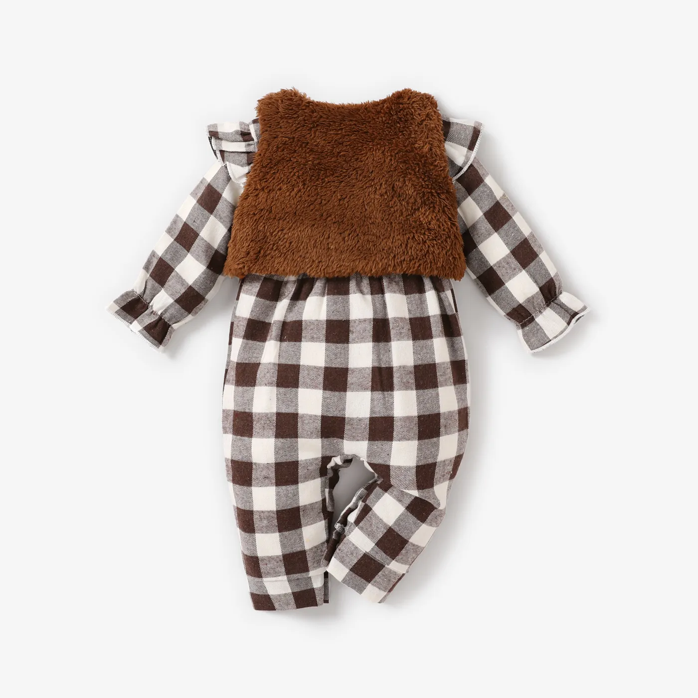 3pcs Baby Girl Sweet Flutter Sleeve Jumpsuit with Fuzzy Vest and Headband Brown image 2