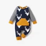 100% Cotton Reindeer Print Color Block Long-sleeve Baby Jumpsuit Dark Blue