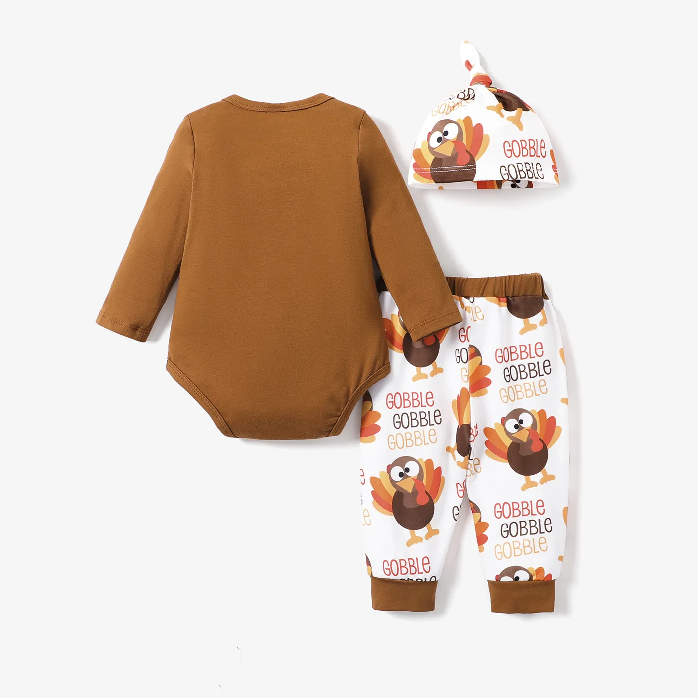 Dia de Ação de Graças 3 unidades Bebé Menino Infantil Manga comprida Conjunto para bebé Castanho image 3