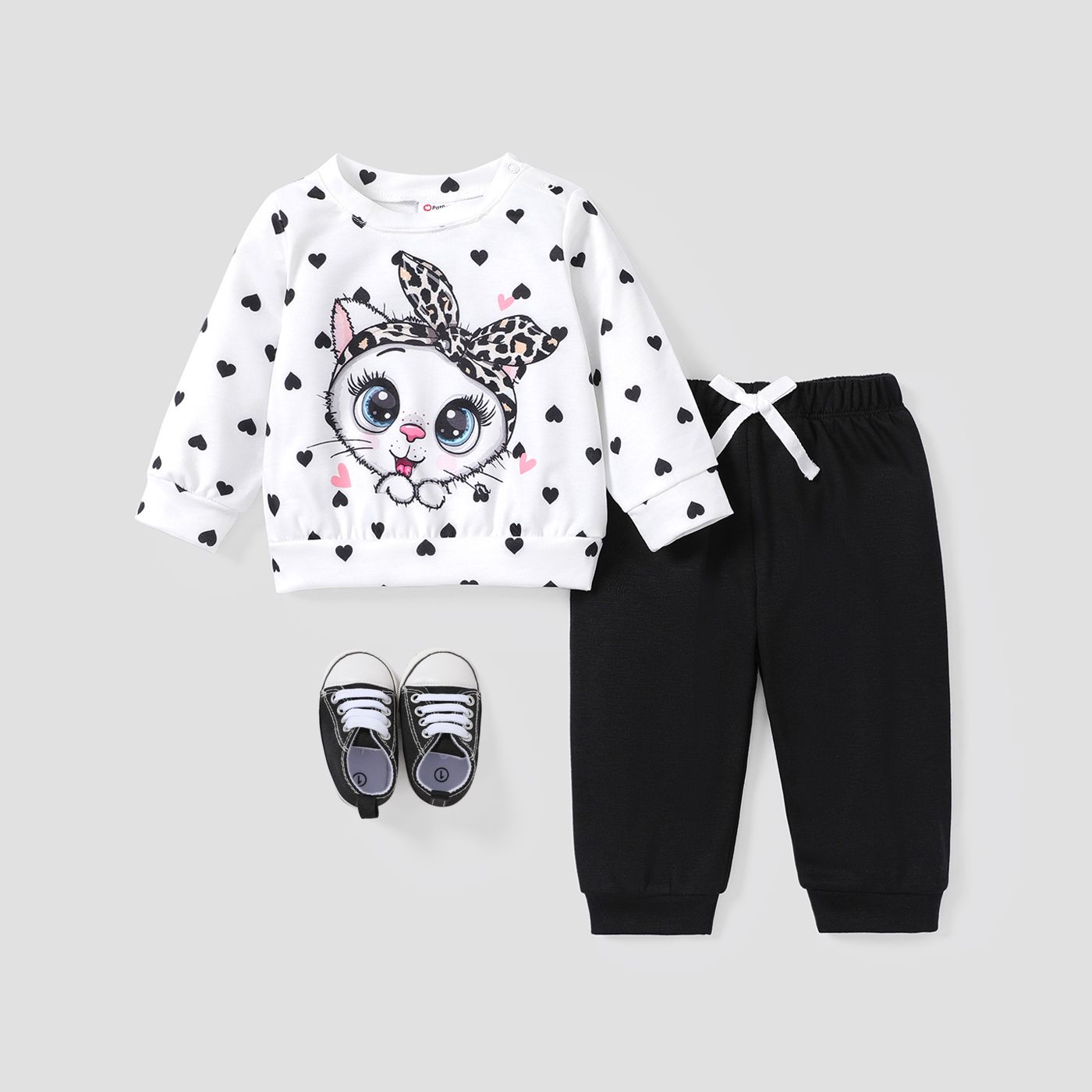 2PCS Baby Girl Childlike Cat Top/ Solid Pant