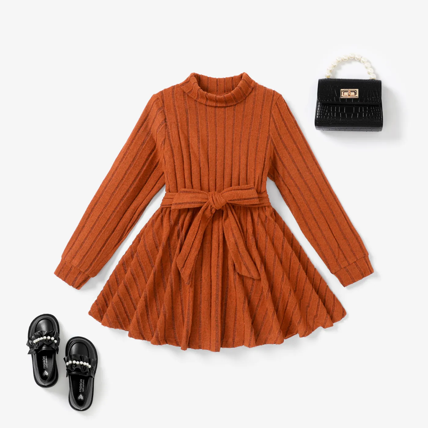 Kid Girl Basic Design Solid Color Stand Collar Long Sleeve T-Shirt  Brown image 2