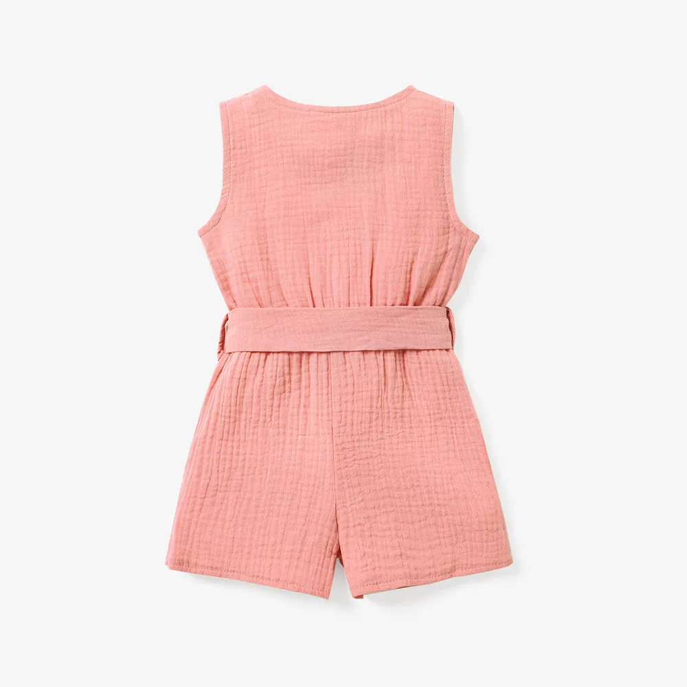 Baby Girl 95% Cotton Crepe Sleeveless Button Up Belted Romper big image 2