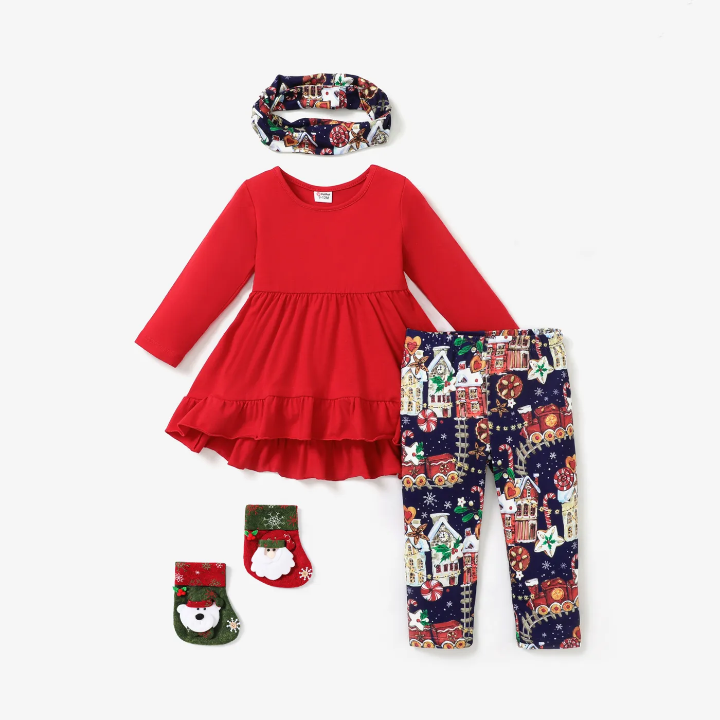 3PCS Baby Girl Christmas Ruffle Edge Top/ Pant/ Scarf Set 