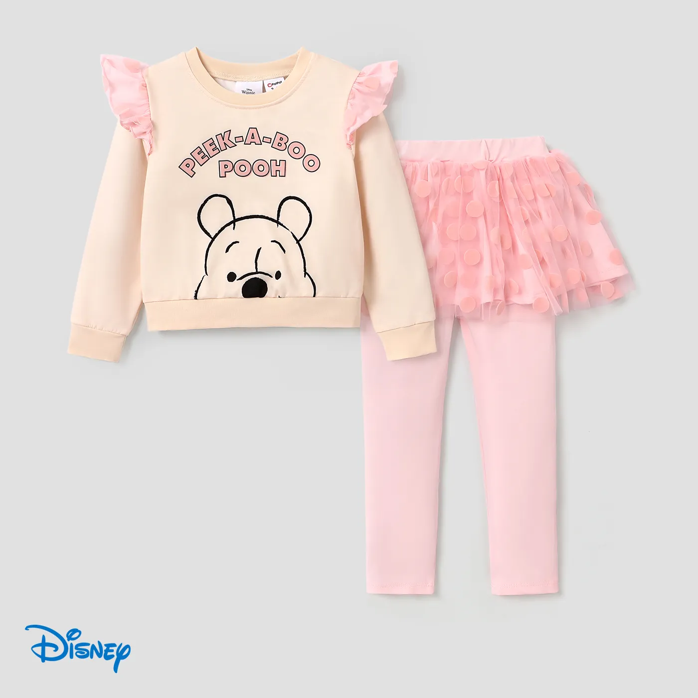 

Disney Winnie the Pooh Toddler Girl 2pcs Character Print Long-sleeve Top and Polka Dots Mesh Overlay 2 In 1 Leggings Set