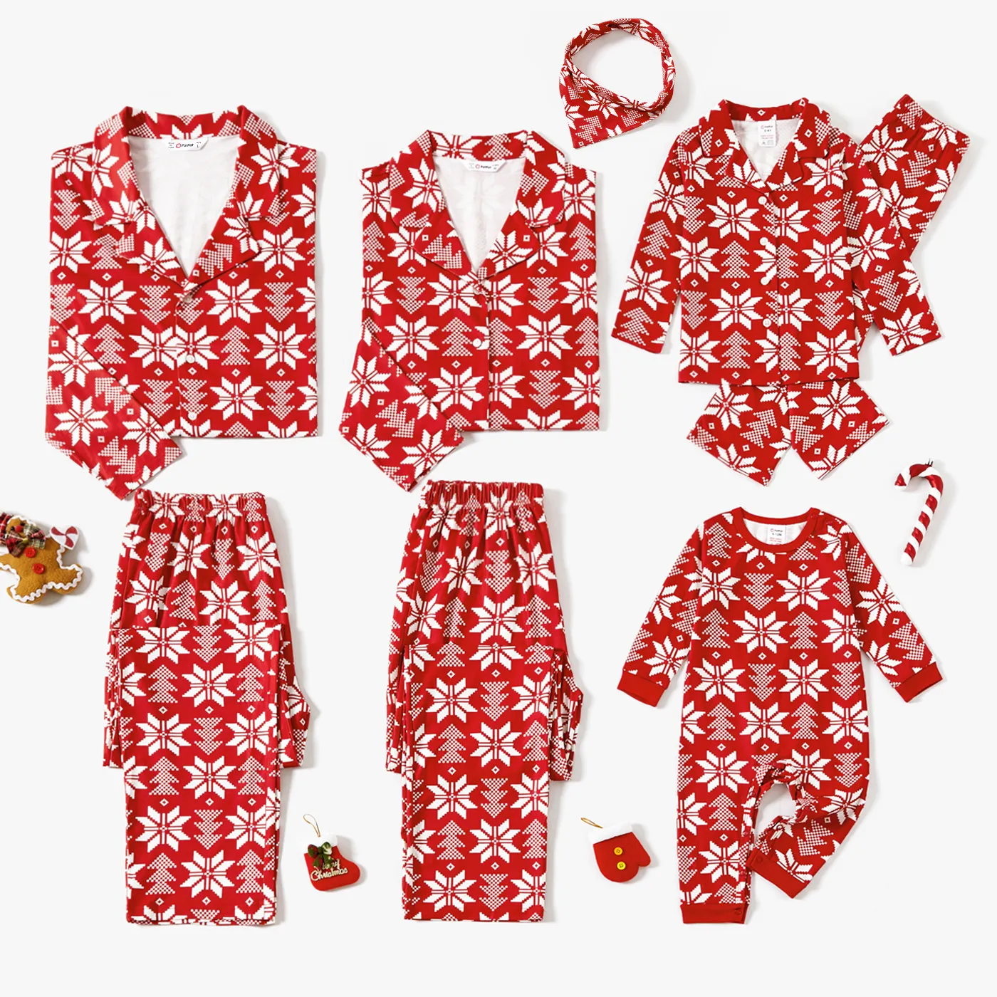 Christmas Snowflake Allover Print Notched Collar button-down Shirt and Pants Family Matching Pajamas Sets (Flame Resistant) Red image 3