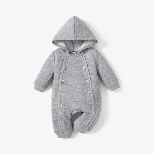 Bebê menina / menino sólido de espessura média duplo botão design macacão com capuz