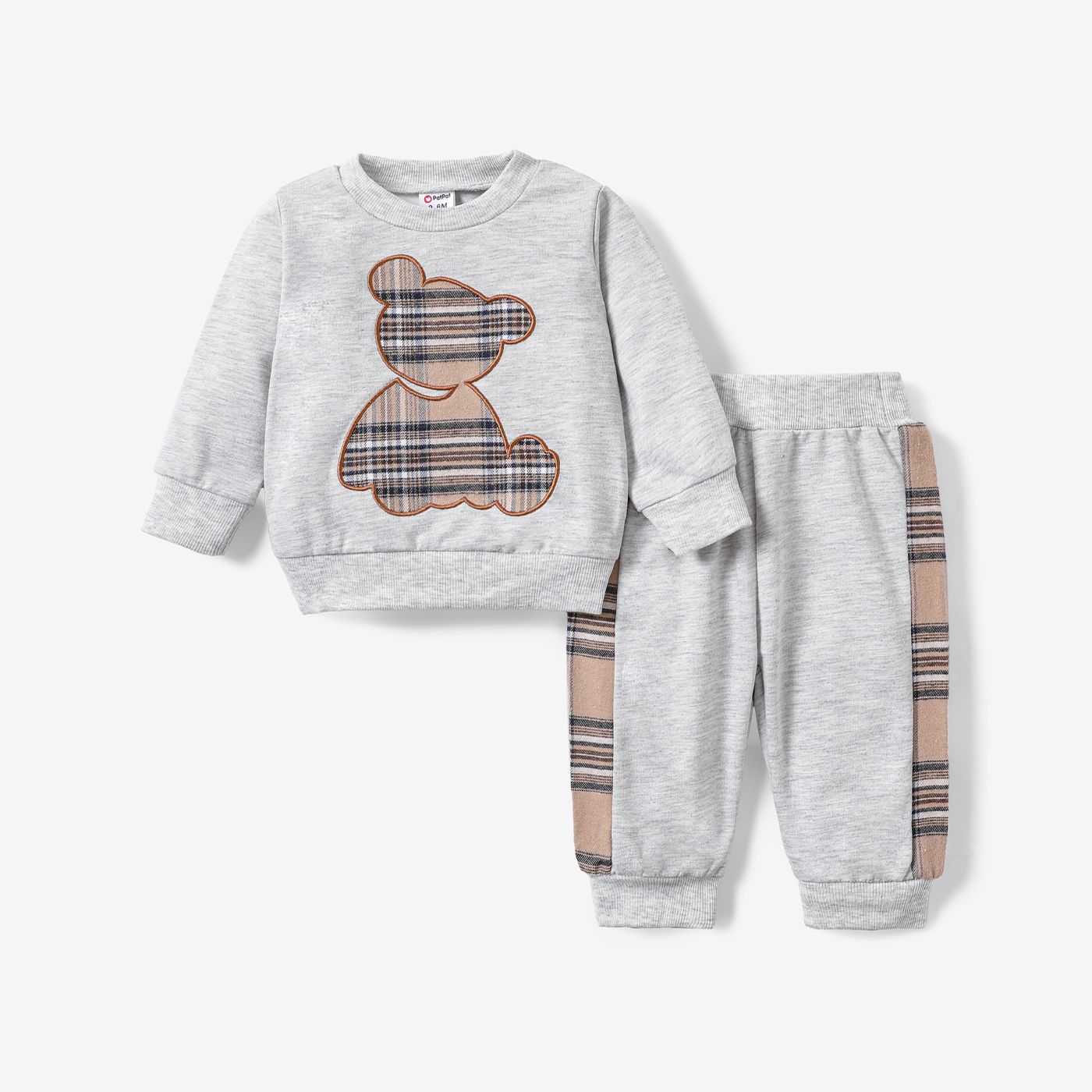 2pcs Baby Boy/Girl Long-sleeve Plaid Print Bear Embroidered Sweatshirt And Sweatpants Set