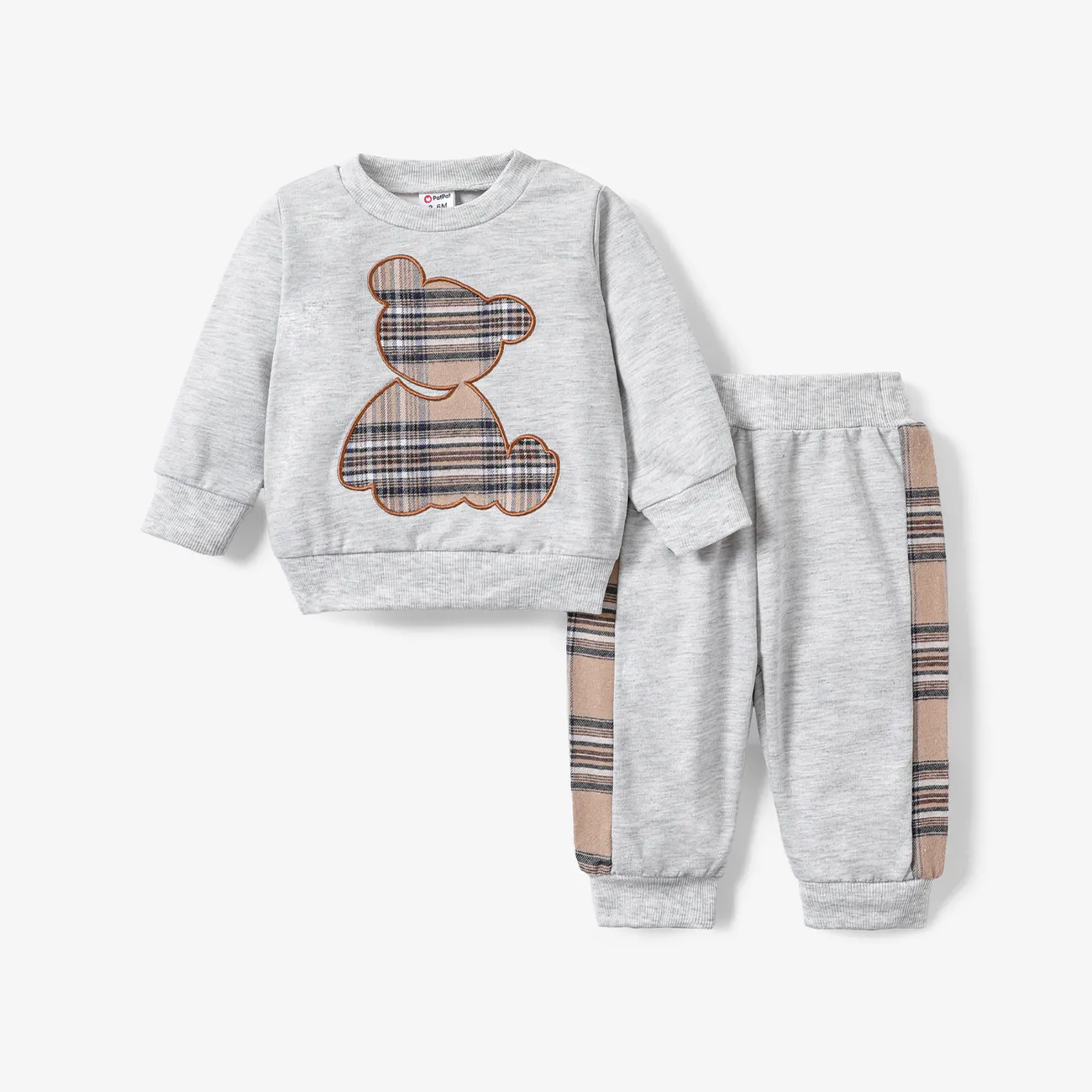 2pcs Baby Boy/Girl Long-sleeve Plaid Print Bear Embroidered Sweatshirt and Sweatpants Set Light Grey big image 1