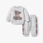 2pcs Baby Boy/Girl Long-sleeve Plaid Print Bear Embroidered Sweatshirt and Sweatpants Set Light Grey