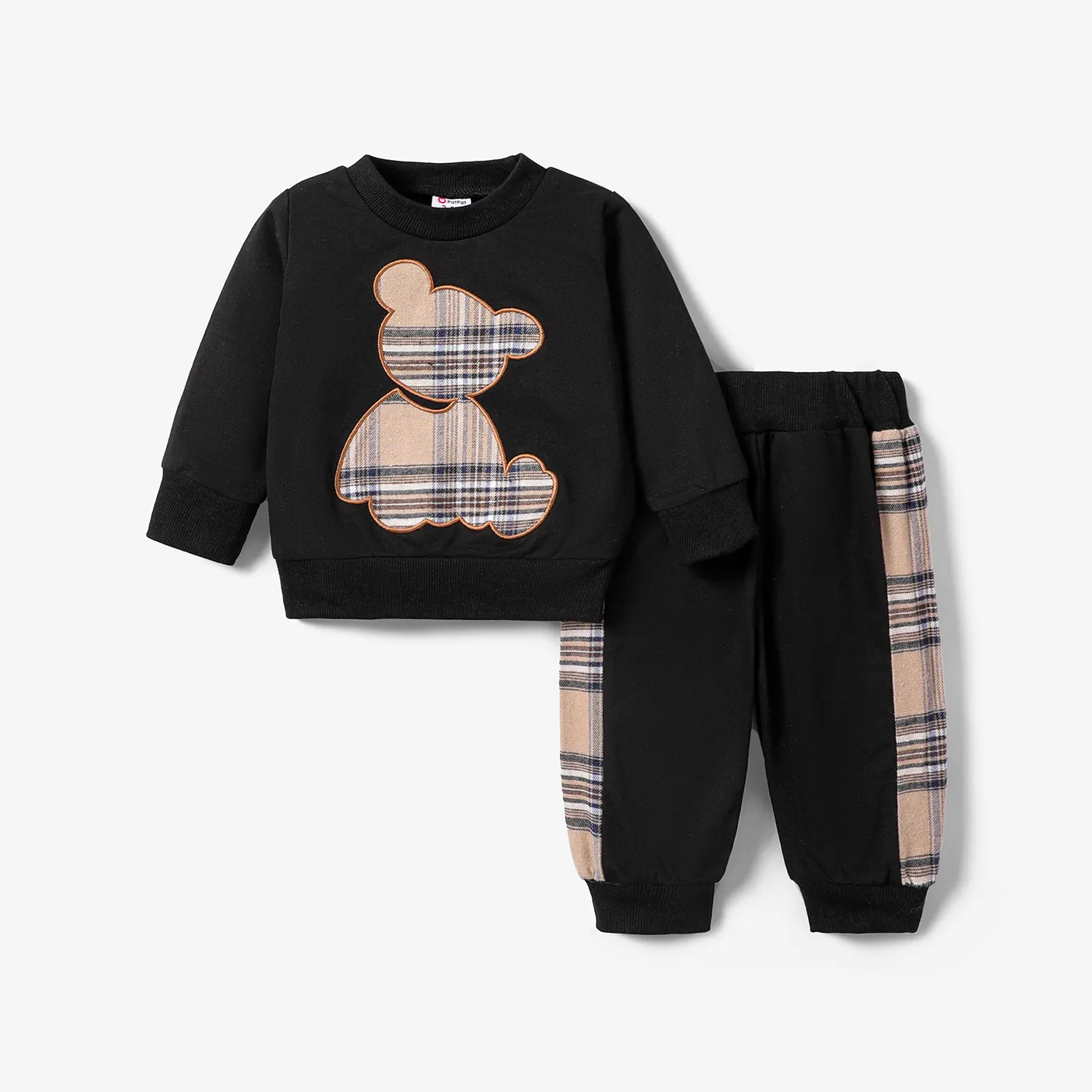 2pcs Baby Boy/Girl Long-sleeve Plaid Print Bear Embroidered Sweatshirt and Sweatpants Set