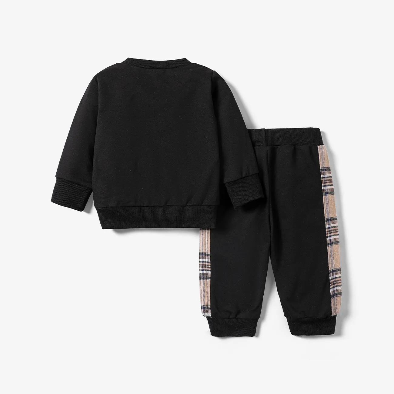 2pcs Baby Boy/Girl Long-sleeve Plaid Print Bear Embroidered Sweatshirt and Sweatpants Set Black big image 1