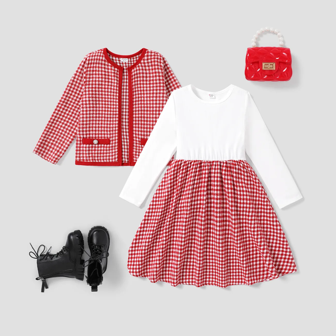 Kid Girl Fashionable Secret Button Christmas Coat/Skirt Set  Red big image 1