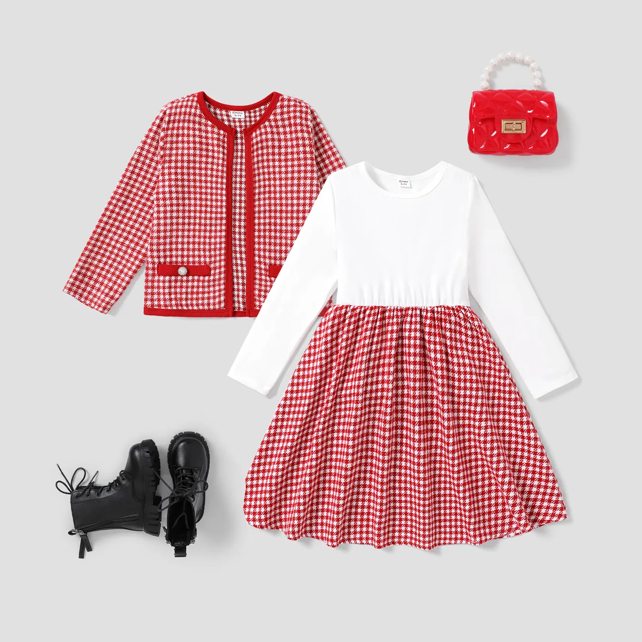 Kid Girl Fashionable Secret Button Christmas Coat/Skirt Set Red big image 1