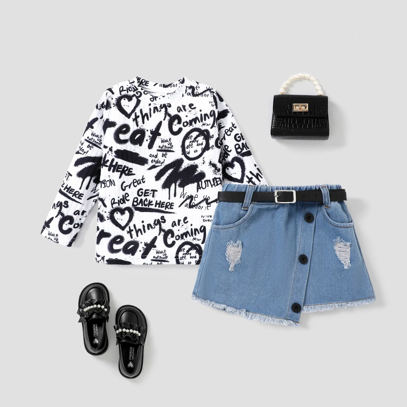 3PCS Toddler Girl Graffiti Asymmetrical Top/Skirt/Waist Belt