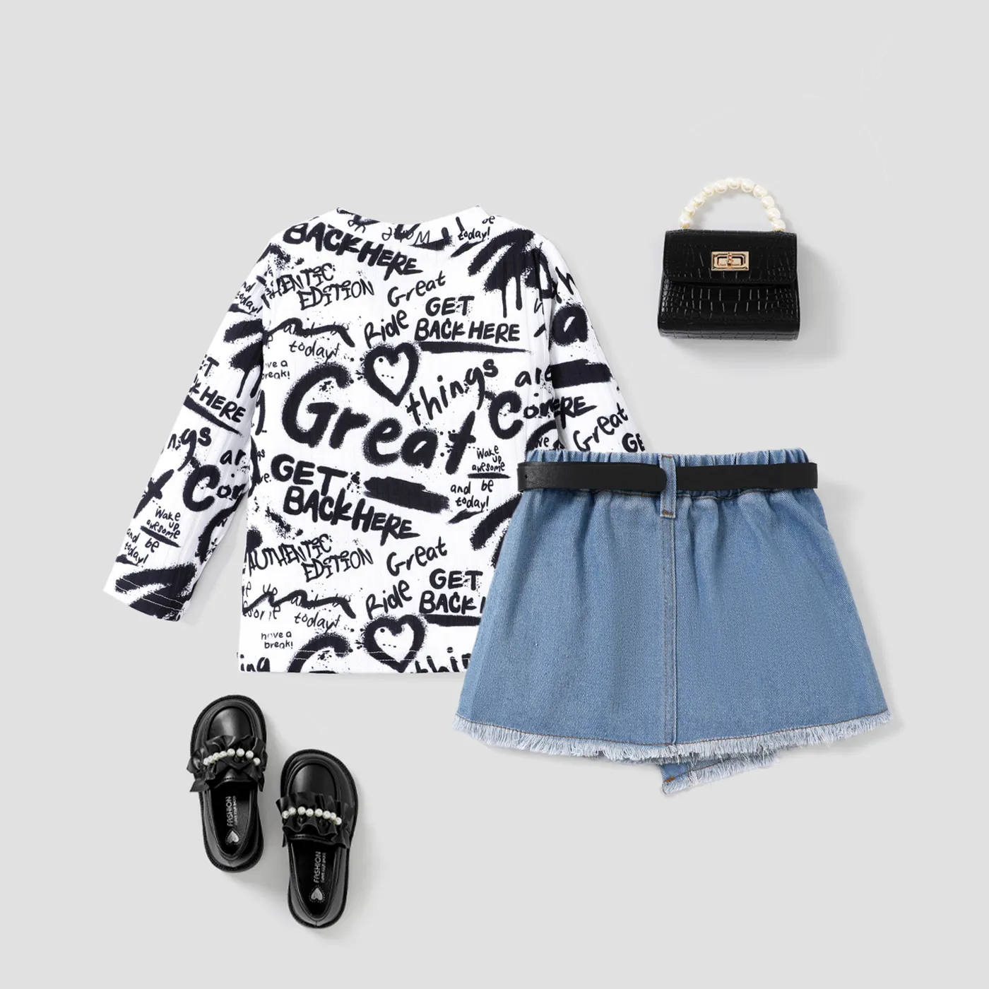 3PCS Toddler Girl Graffiti Asymmetrical Top/Skirt/Waist Belt White image 2