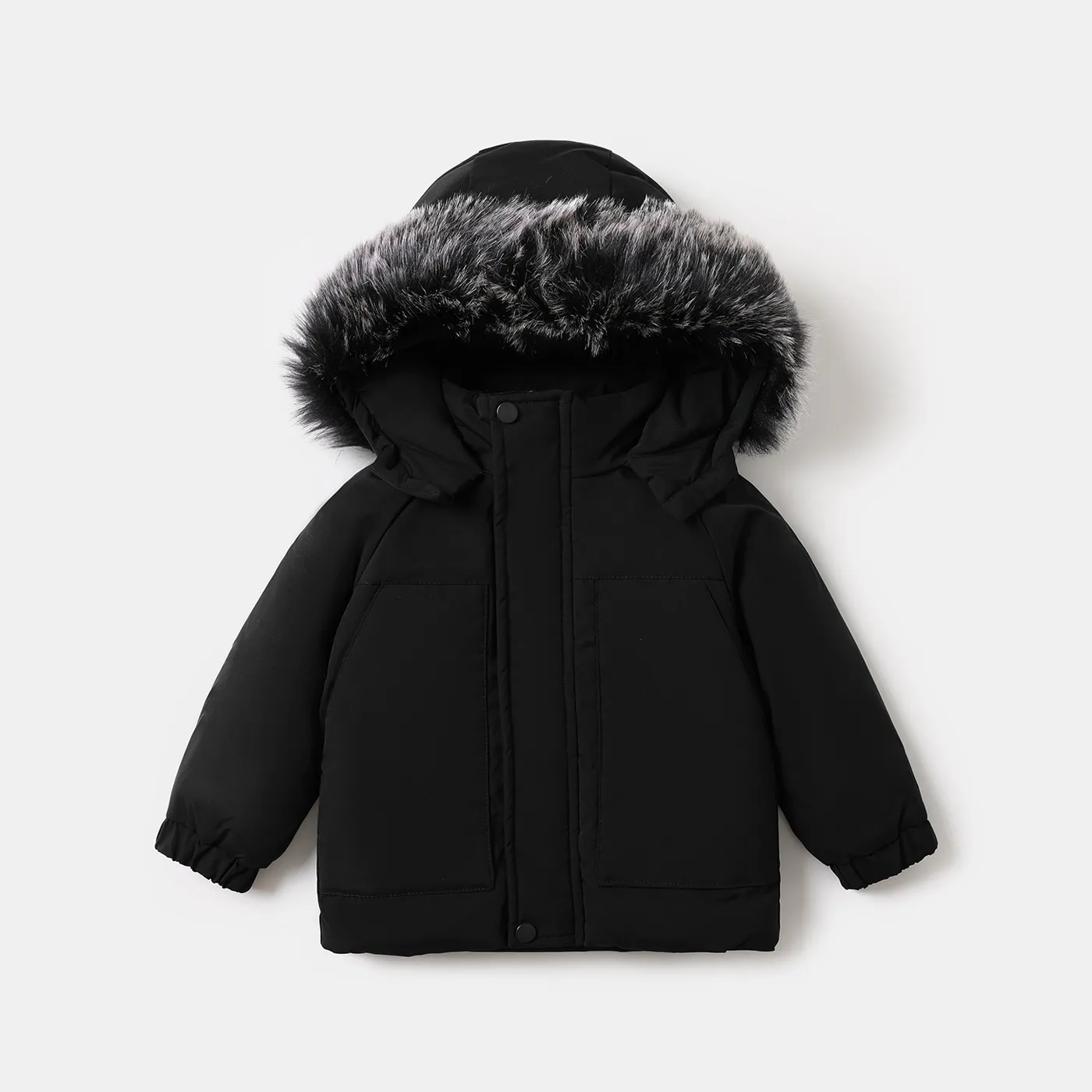 Toddler Boy/Girl Trendy Faux Fur Hooded Zipper Parka Coat Black