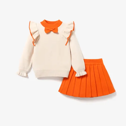 2-piece Toddler Girl Bowknot Flounced Knitted Sweater and Pleated Skirt Set