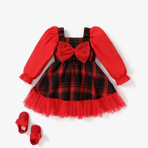 Baby Girl Sweet Grid/Houndstooth Puff Sleeve Dress 