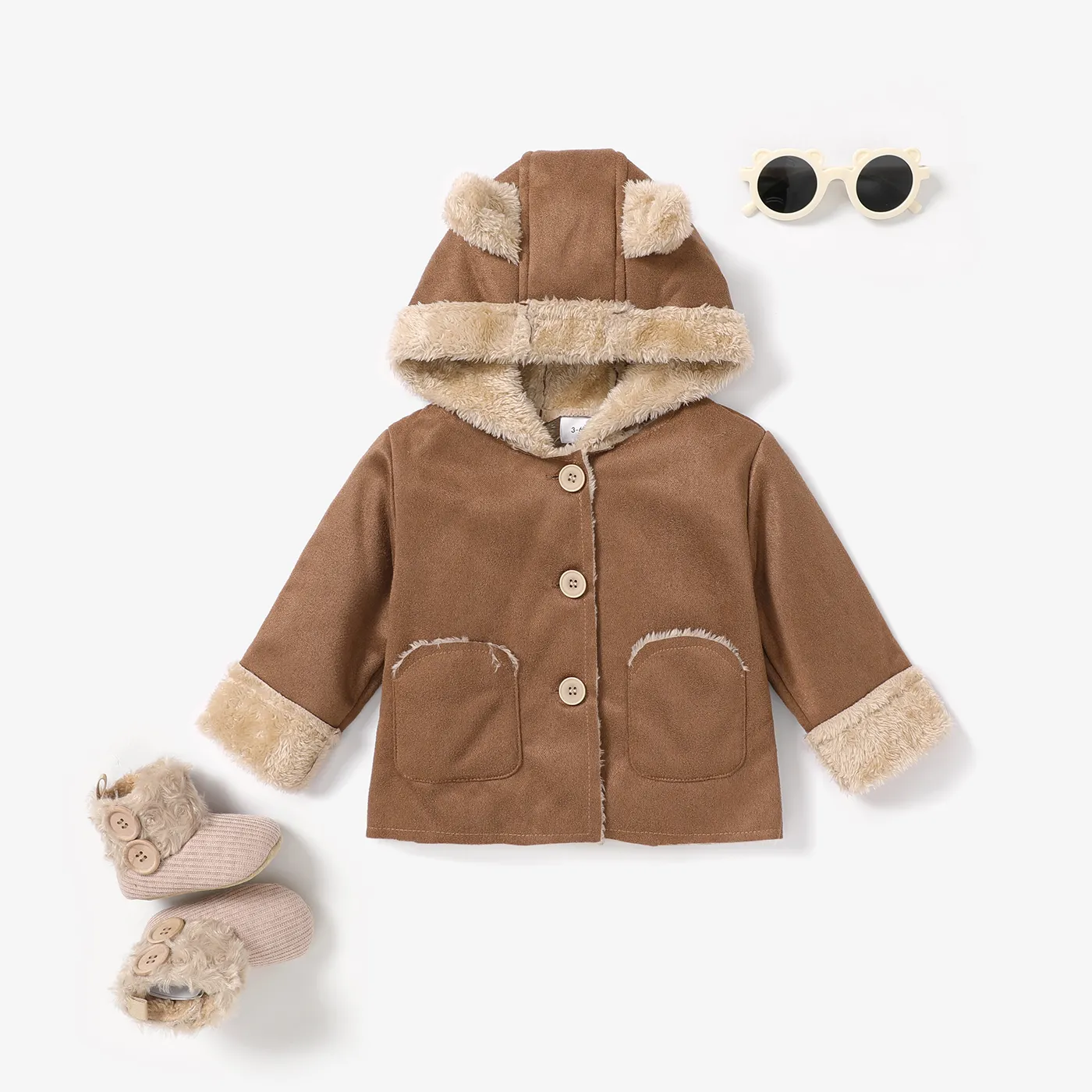 3D Ear Solid Suede and Fleece Long-sleeve Baby Hooded Coat Jacket Coffee big image 1