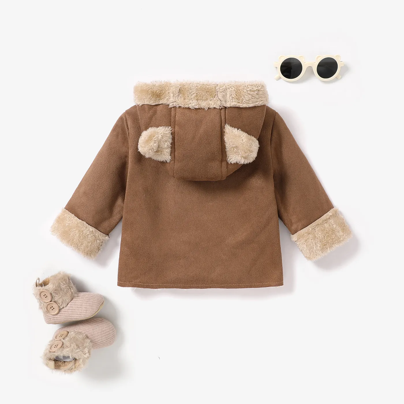 3D Ear Solid Suede and Fleece Long-sleeve Baby Hooded Coat Jacket Coffee image 2