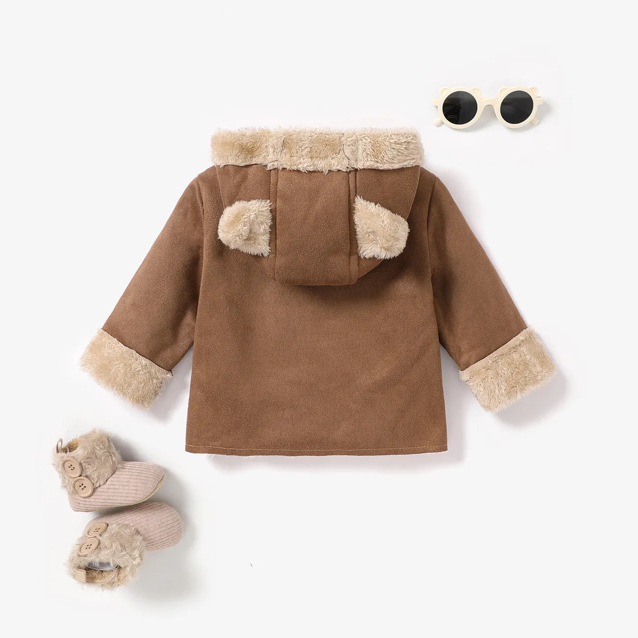 3D Ear Solid Suede and Fleece Long-sleeve Baby Hooded Coat Jacket Coffee big image 1
