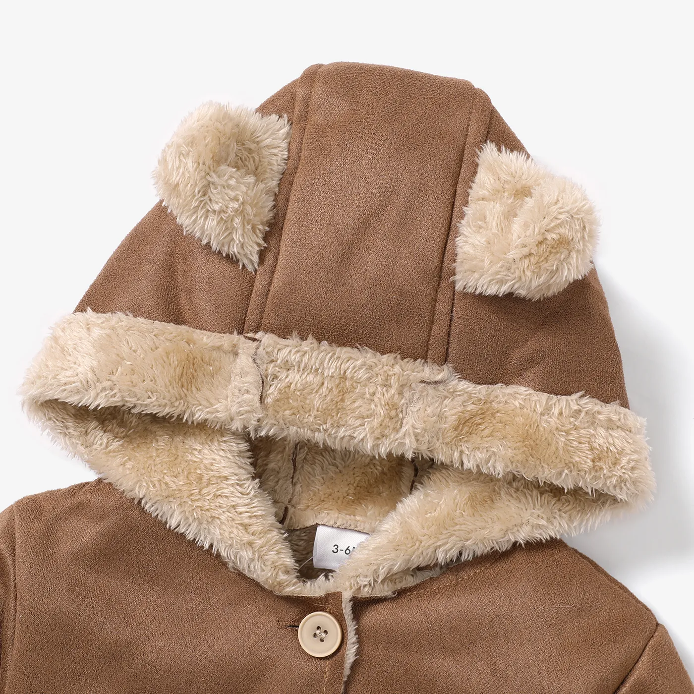 3D Ear Solid Suede and Fleece Long-sleeve Baby Hooded Coat Jacket Coffee image 3