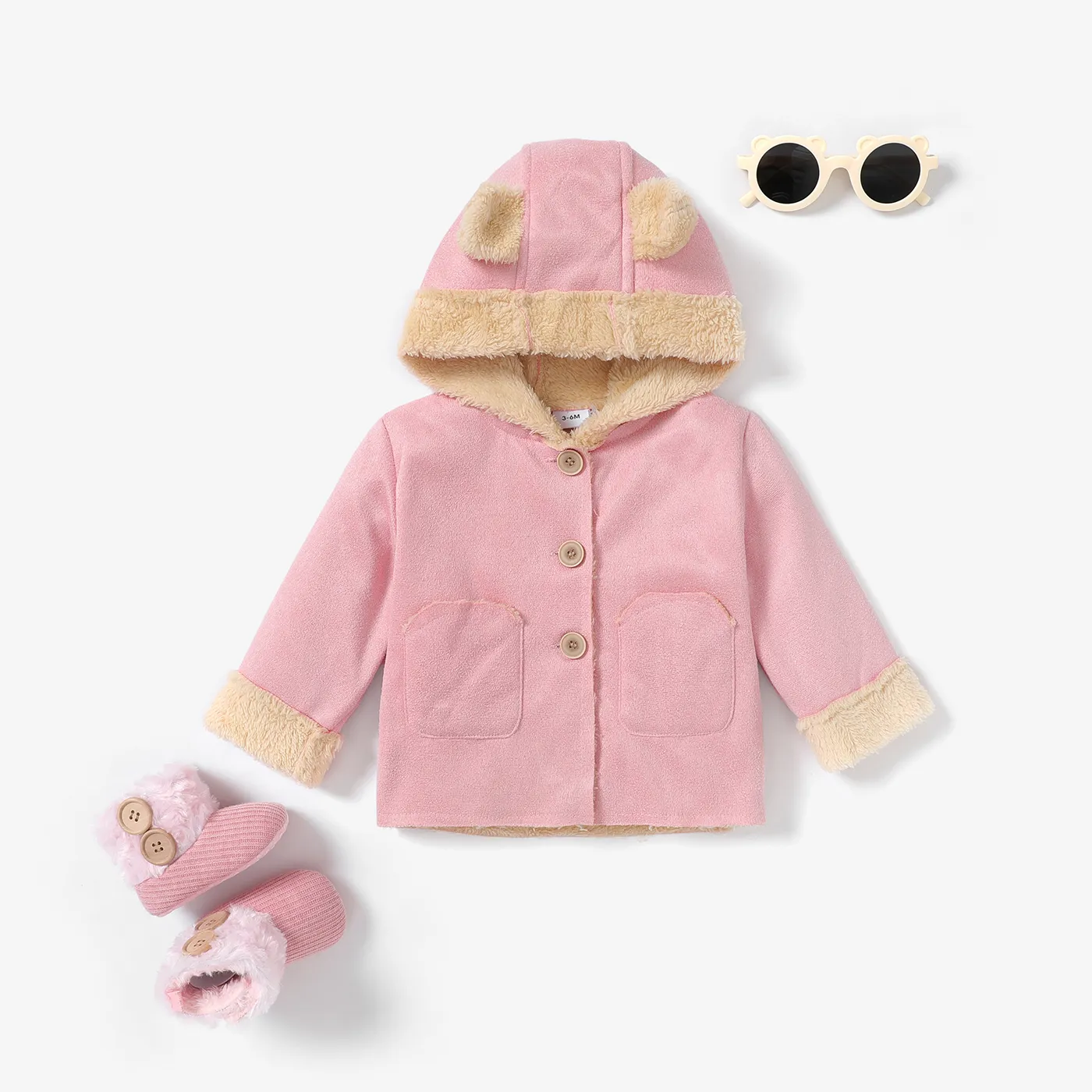 3D Ear Solid Suede and Fleece Long-sleeve Baby Hooded Coat Jacket Pink