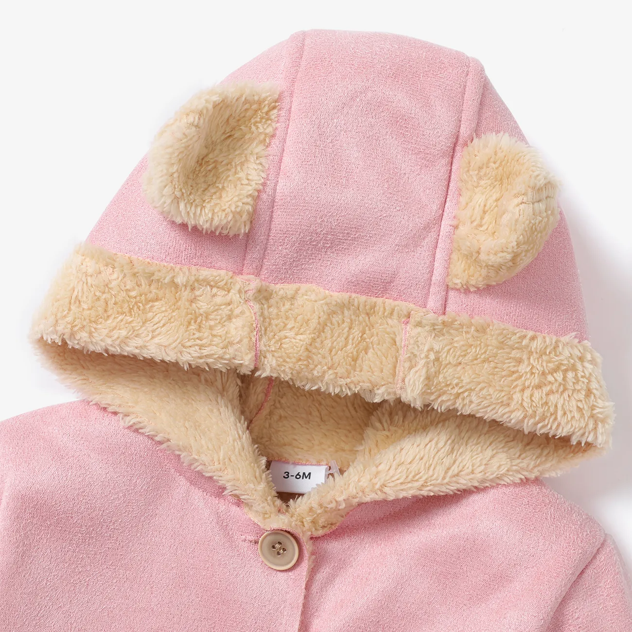 3D Ear Solid Suede and Fleece Long-sleeve Baby Hooded Coat Jacket Pink big image 1