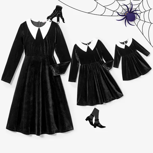 Halloween Mommy and Me Velvet V-neck Gothic Black Dresses