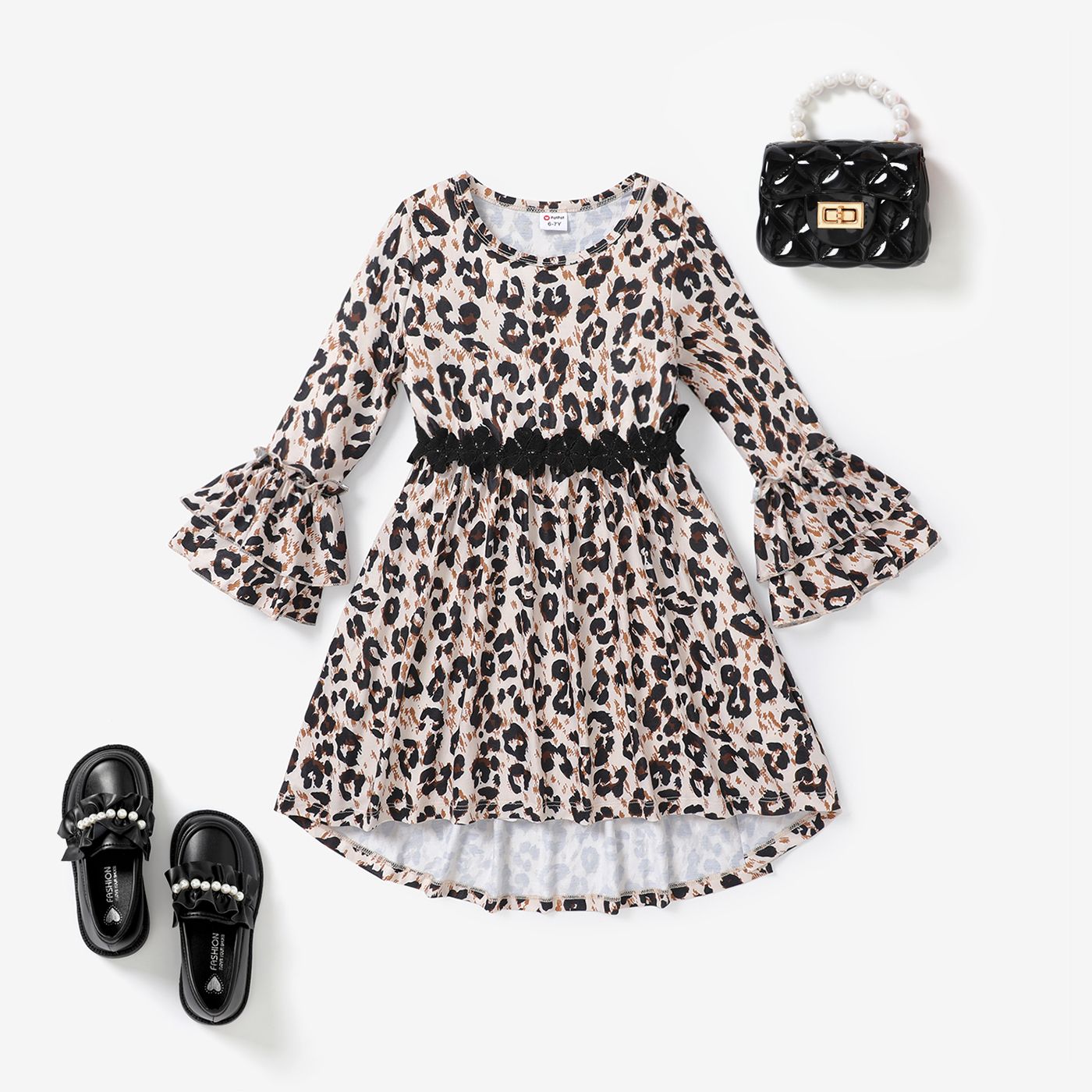 Kid Girl Sweet Leopard Horn Edge Dress