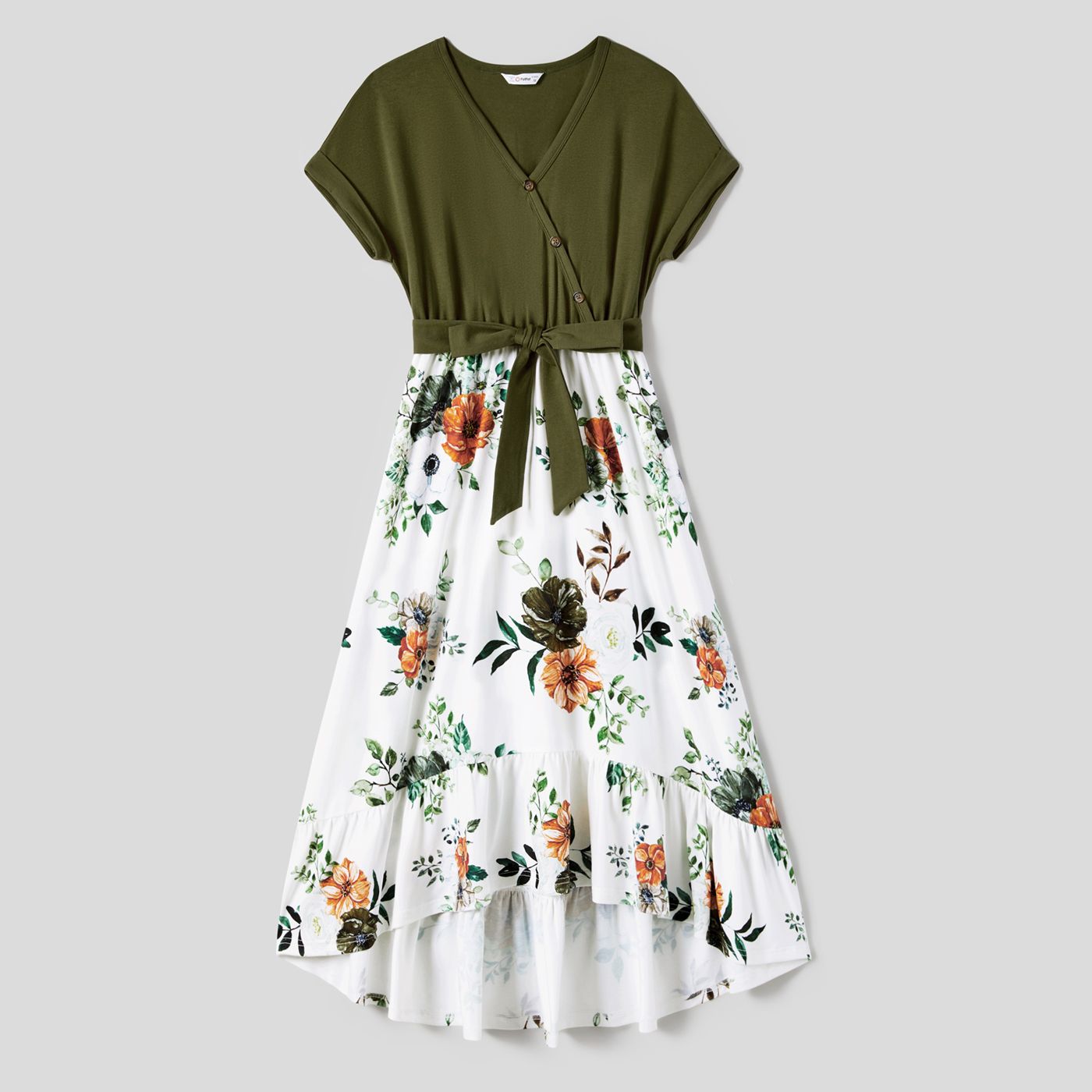 

Family Matching Floral Print Tunic Hi-Low Hem Dresses and Color Block Short Sleeve Tops Sets