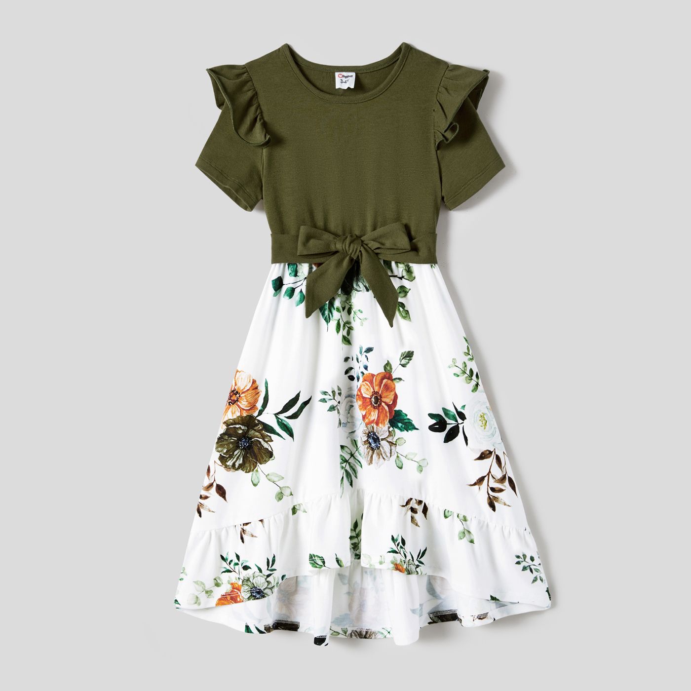Family Matching Floral Print Tunic Hi-Low Hem Dresses And Color Block Short Sleeve Tops Sets