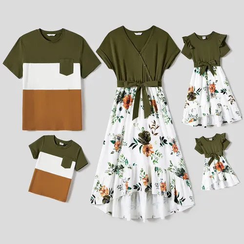 Family Matching Floral Print Tunic Hi-Low Hem Dresses and Color Block Short Sleeve Tops Sets