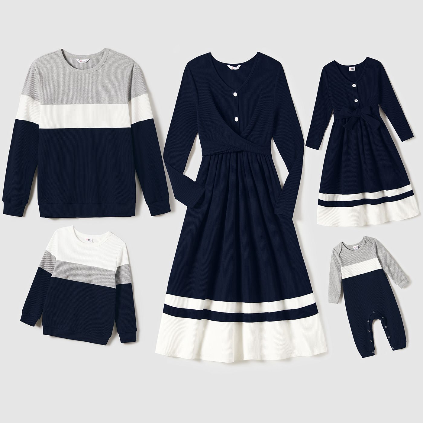 

Family Matching Long-Sleeved Knit Dresses And Color-Block Knit Tops Sets