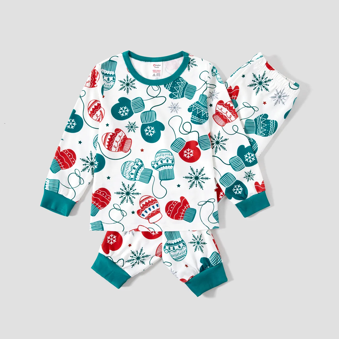 Christmas Family Matching Gloves & Snowflake Print Long-sleeve Pajamas Sets(Flame resistant) Turquoise image 6