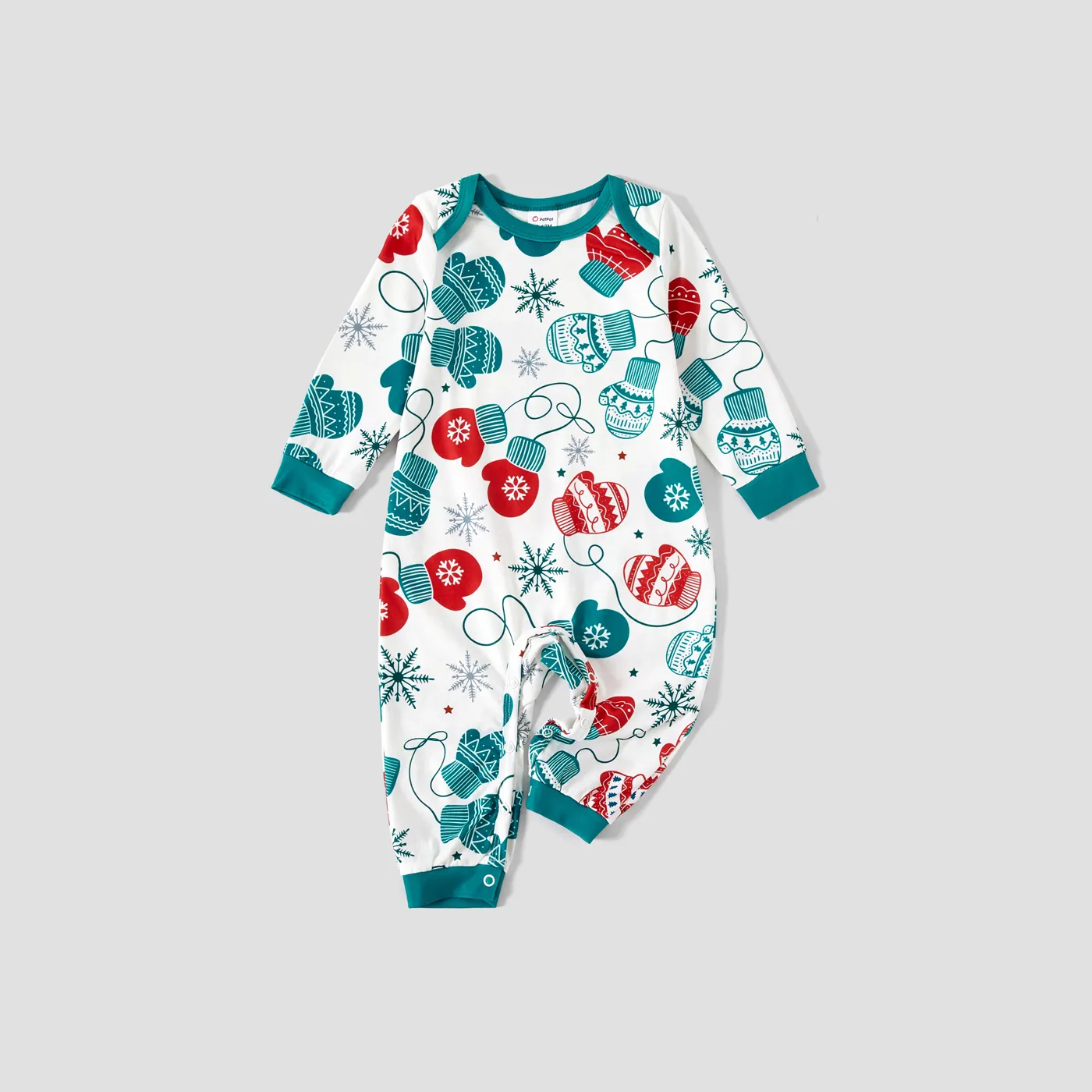 Christmas Family Matching Gloves & Snowflake Print Long-sleeve Pajamas Sets(Flame resistant) Turquoise big image 1