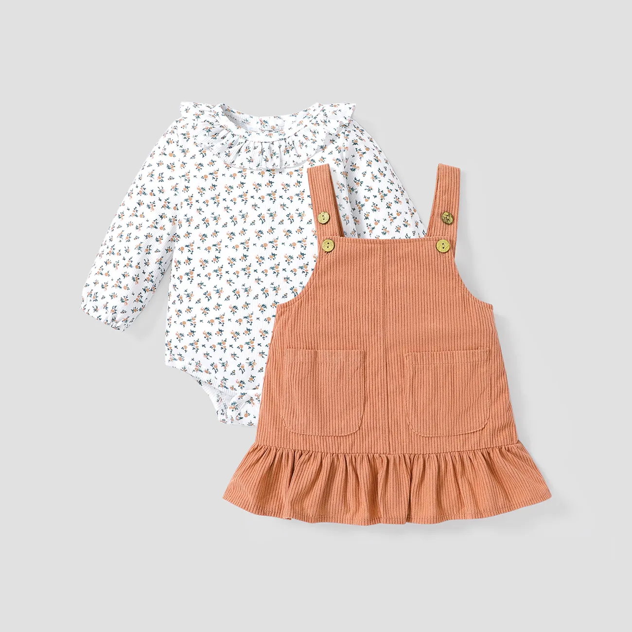 2pcs Baby Floral Print Ruffle Long-sleeve Corduroy Romper and Overall Dress Set Khaki big image 1