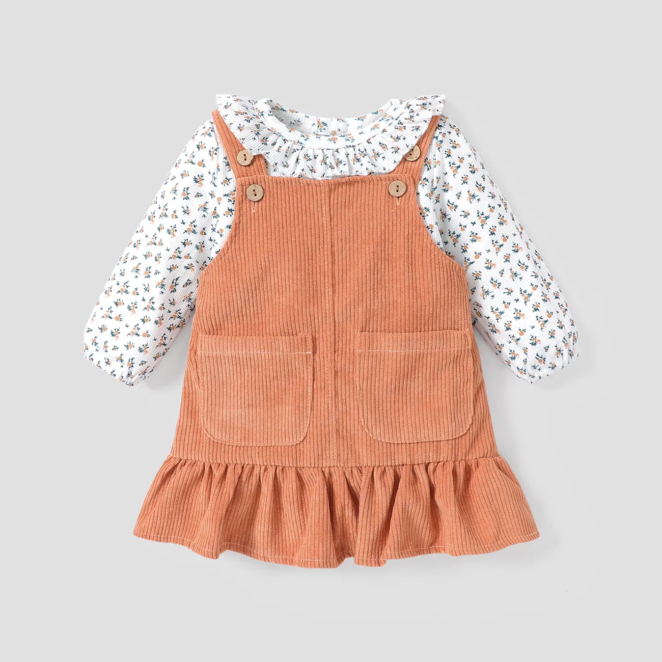 2pcs Baby Floral Print Ruffle Long-sleeve Corduroy Romper and Overall Dress Set Khaki big image 1