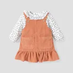 2pcs Baby Floral Print Ruffle Long-sleeve Corduroy Romper and Overall Dress Set Khaki