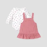2pcs Baby Floral Print Ruffle Long-sleeve Corduroy Romper and Overall Dress Set  image 3