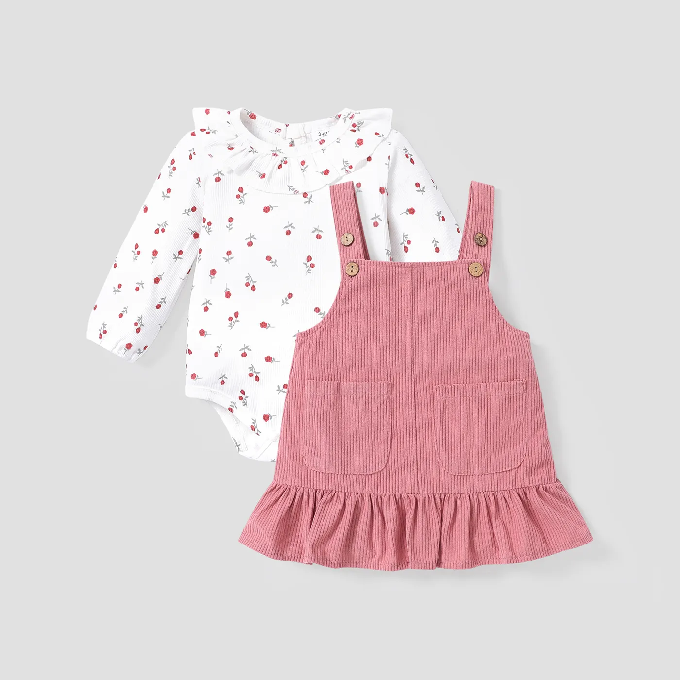 2pcs Baby Floral Print Ruffle Long-sleeve Corduroy Romper and Overall Dress Set  image 2